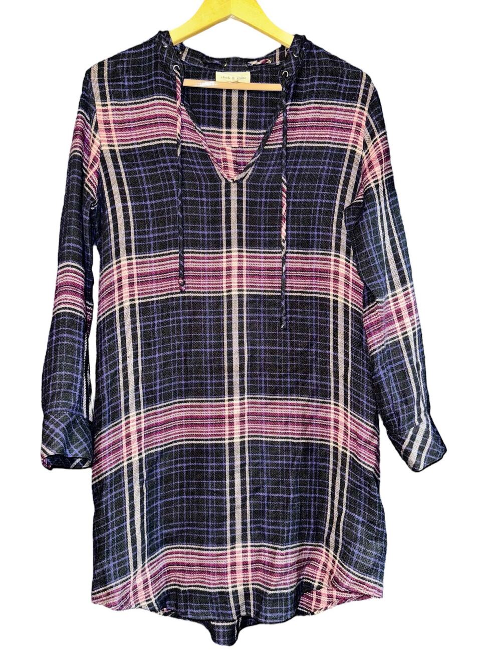 Anthropologie Cloth & Stone Red Blue Plaid Tunic Shirt Dress Long Sleeve M Soft